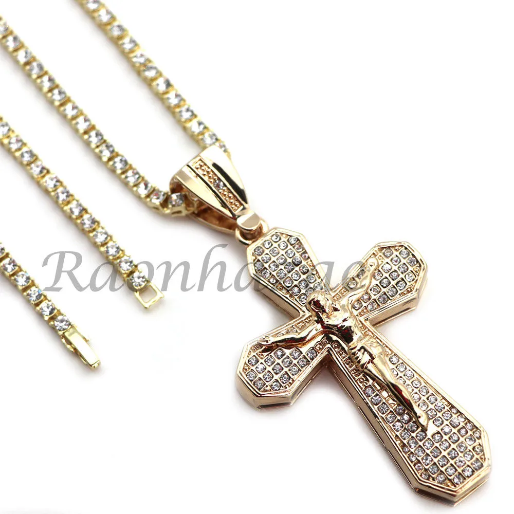 14K GOLD PT JESUS CROSS 18" TENNIS CHAIN 16" 30" CHOKER CUBAN CHAIN S26