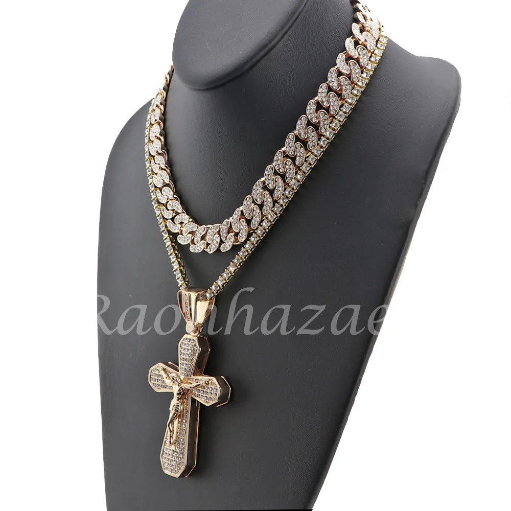 14K GOLD PT JESUS CROSS 18" TENNIS CHAIN 16" 30" CHOKER CUBAN CHAIN S26