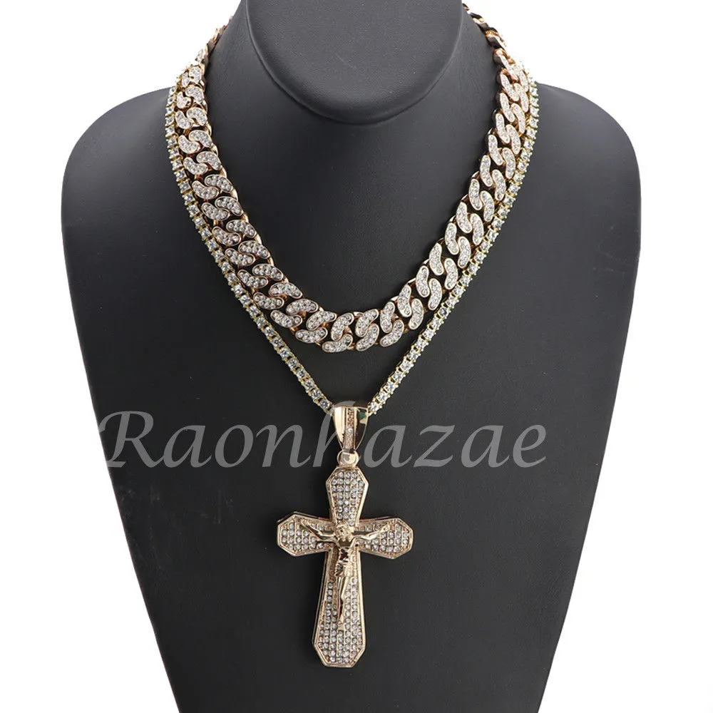 14K GOLD PT JESUS CROSS 18" TENNIS CHAIN 16" 30" CHOKER CUBAN CHAIN S26