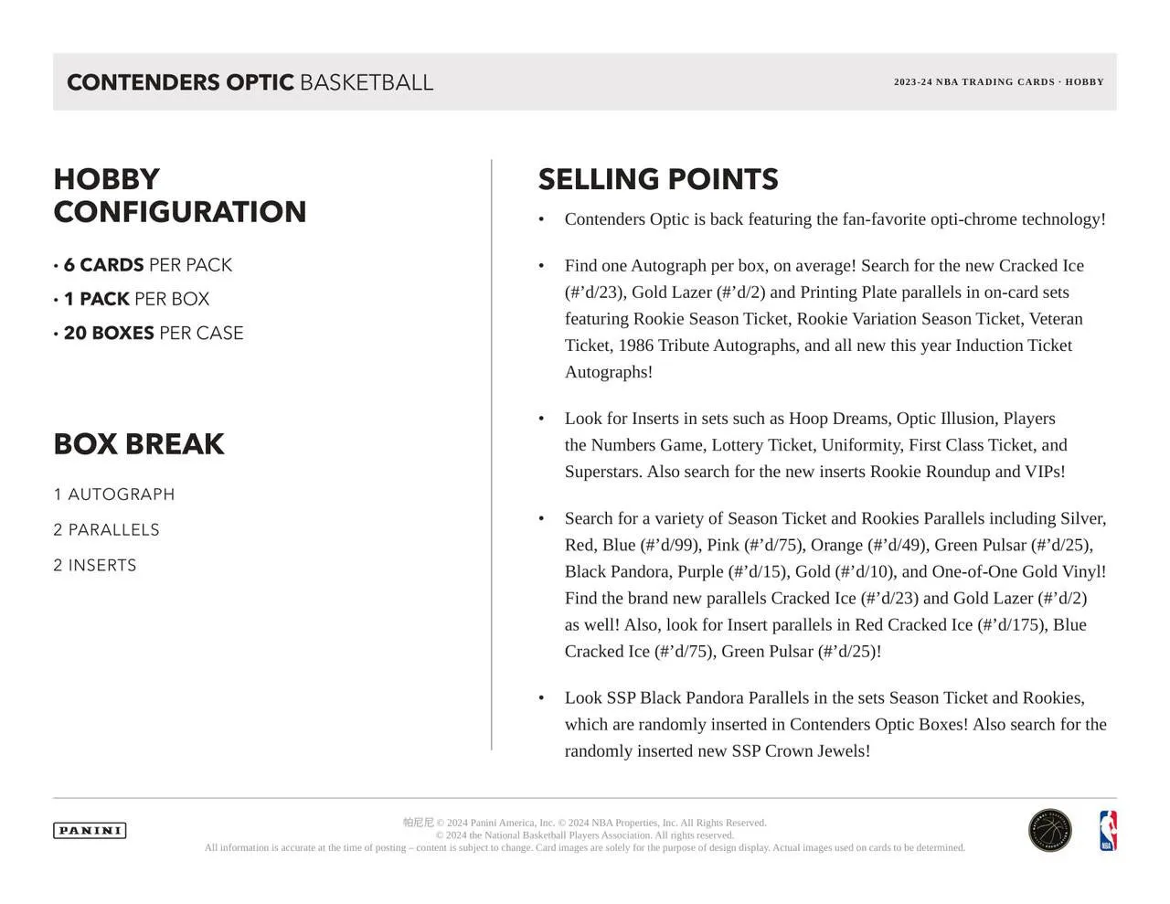 2023/24 Panini Contenders Optic Basketball Hobby Box