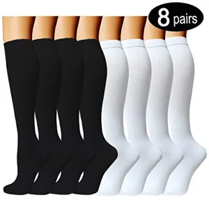 8-Pairs Knee-Length Black/White Compression Socks（15-20 mmHG）I ACTINPUT