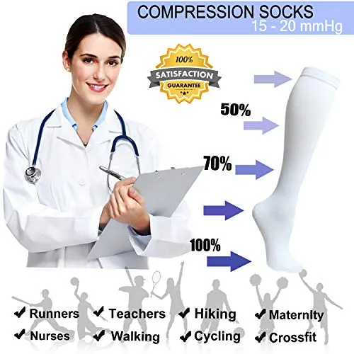 8-Pairs Knee-Length Black/White Compression Socks（15-20 mmHG）I ACTINPUT