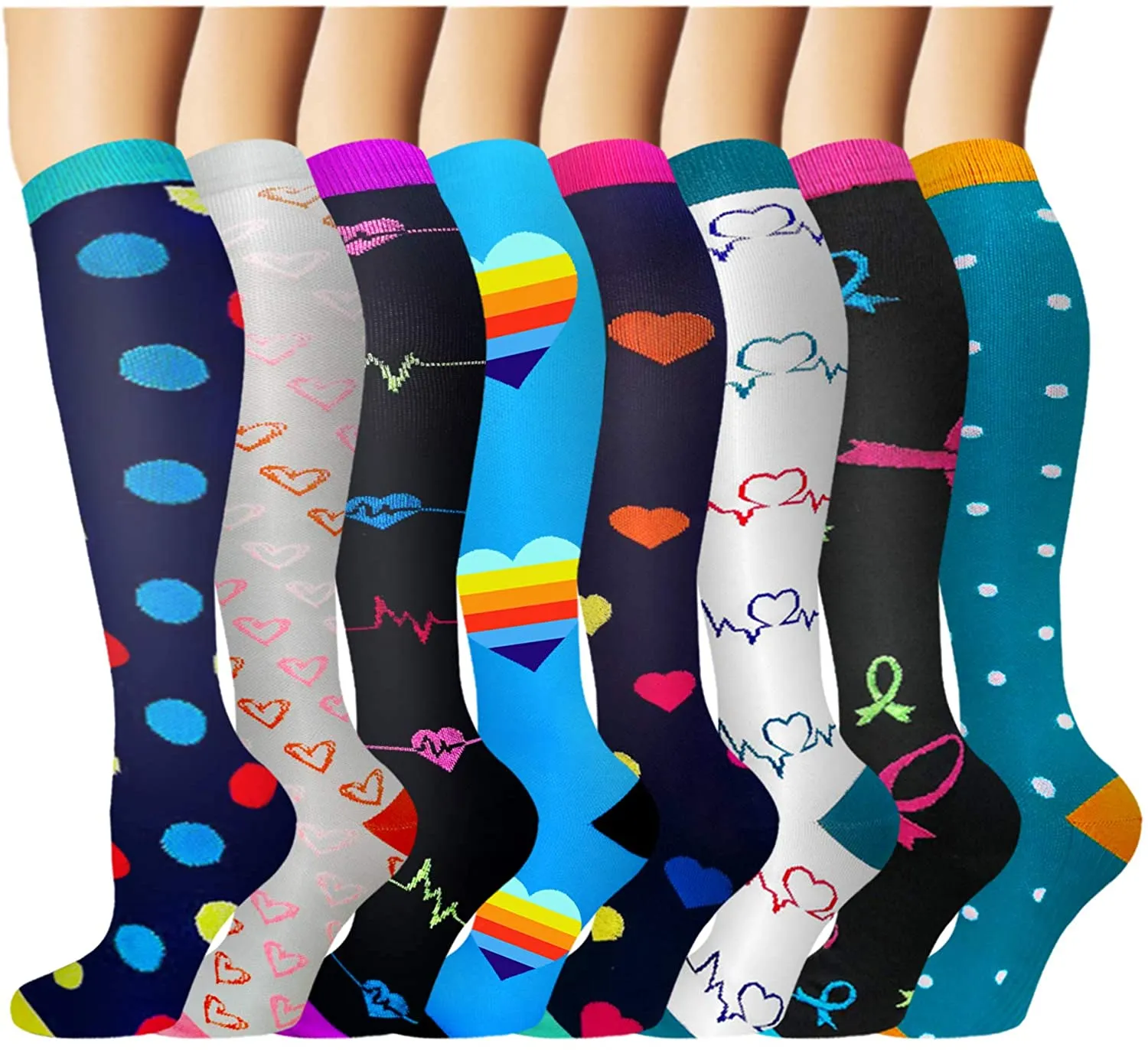 8-Pairs Knee-Length  Pot Pattern Mix  Compression Socks （20-30 mmHG) | Actinput