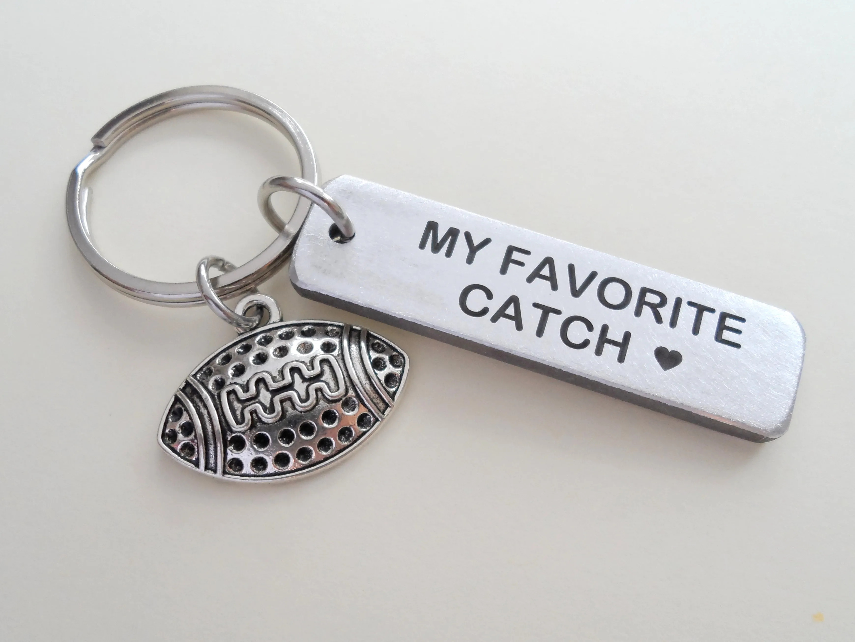 Aluminum Keychain Tag with Football Charm, Tag Engraved with "My Favorite Catch"; Couples Keychain, Personalized Option