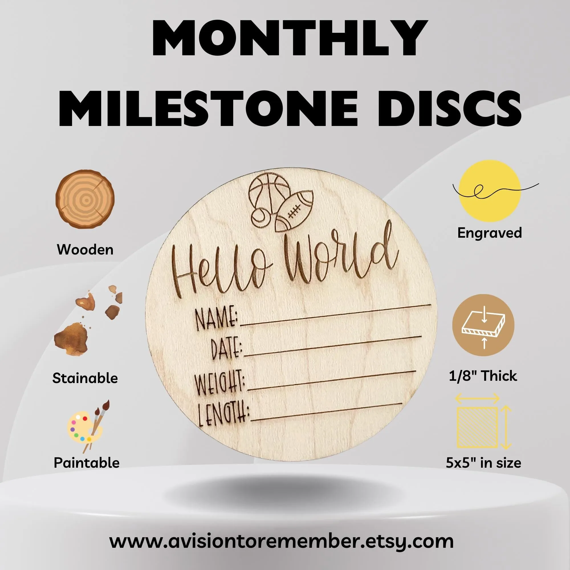 Basketball Wooden Baby Birth Announcement, Newborn Hospital Disc, 5x5 inches Sports Baby Shower Gift for Boys