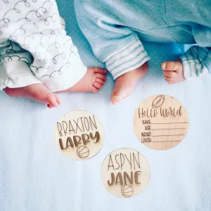 Basketball Wooden Baby Birth Announcement, Newborn Hospital Disc, 5x5 inches Sports Baby Shower Gift for Boys