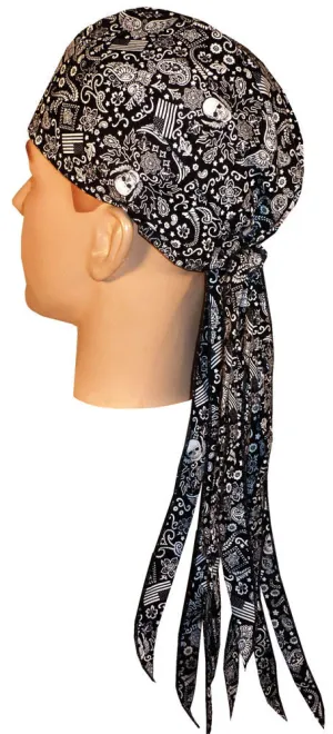 Black Paisley Dorag ROVER Bandana Durag with Long Tails and SWEATBAND MADE IN THE USA with American Flag and Skulls