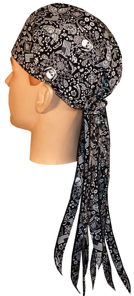 Black Paisley Dorag ROVER Bandana Durag with Long Tails and SWEATBAND MADE IN THE USA with American Flag and Skulls