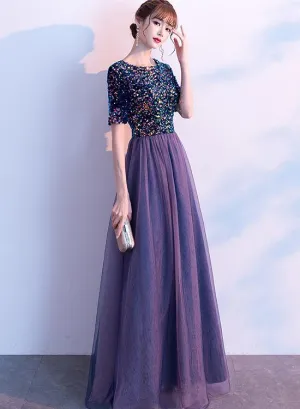 Charming Sequins and Tulle Short Sleeves Party Dress, Junior Prom Dress