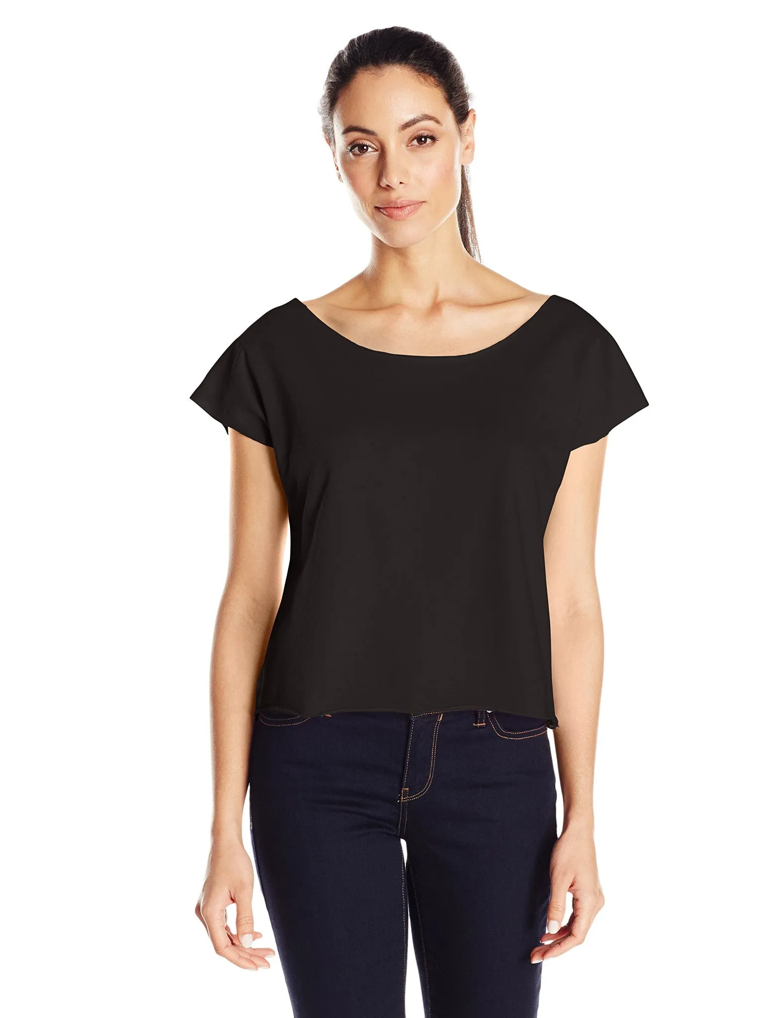 Clementine Women's Light Weight French Terry Dolman Sleeve Top, Black, Small