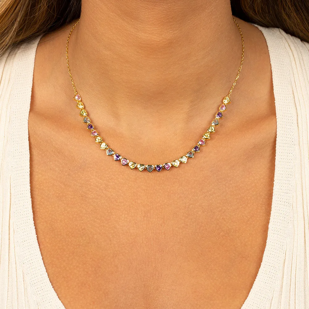 Colored Bezel Hearts Tennis Necklace
