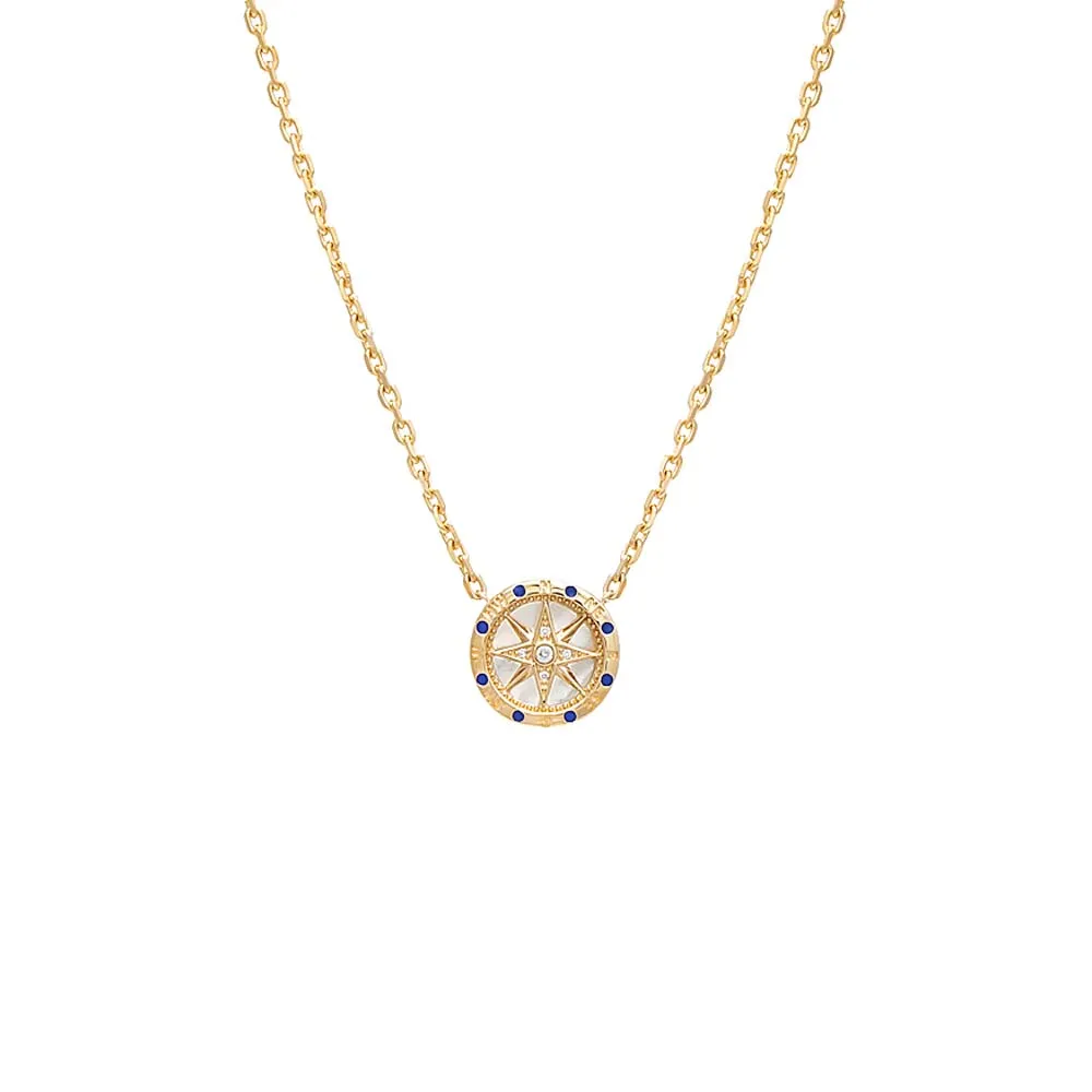 Diamond X Sapphire Cut Out Starburst Coin Necklace 14K
