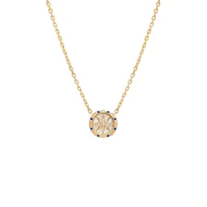 Diamond X Sapphire Cut Out Starburst Coin Necklace 14K
