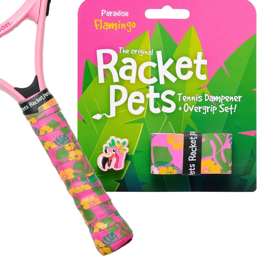 Flamingo Tennis Overgrip Tape and Matching Shock Absorbing Dampener for Tennis Racket