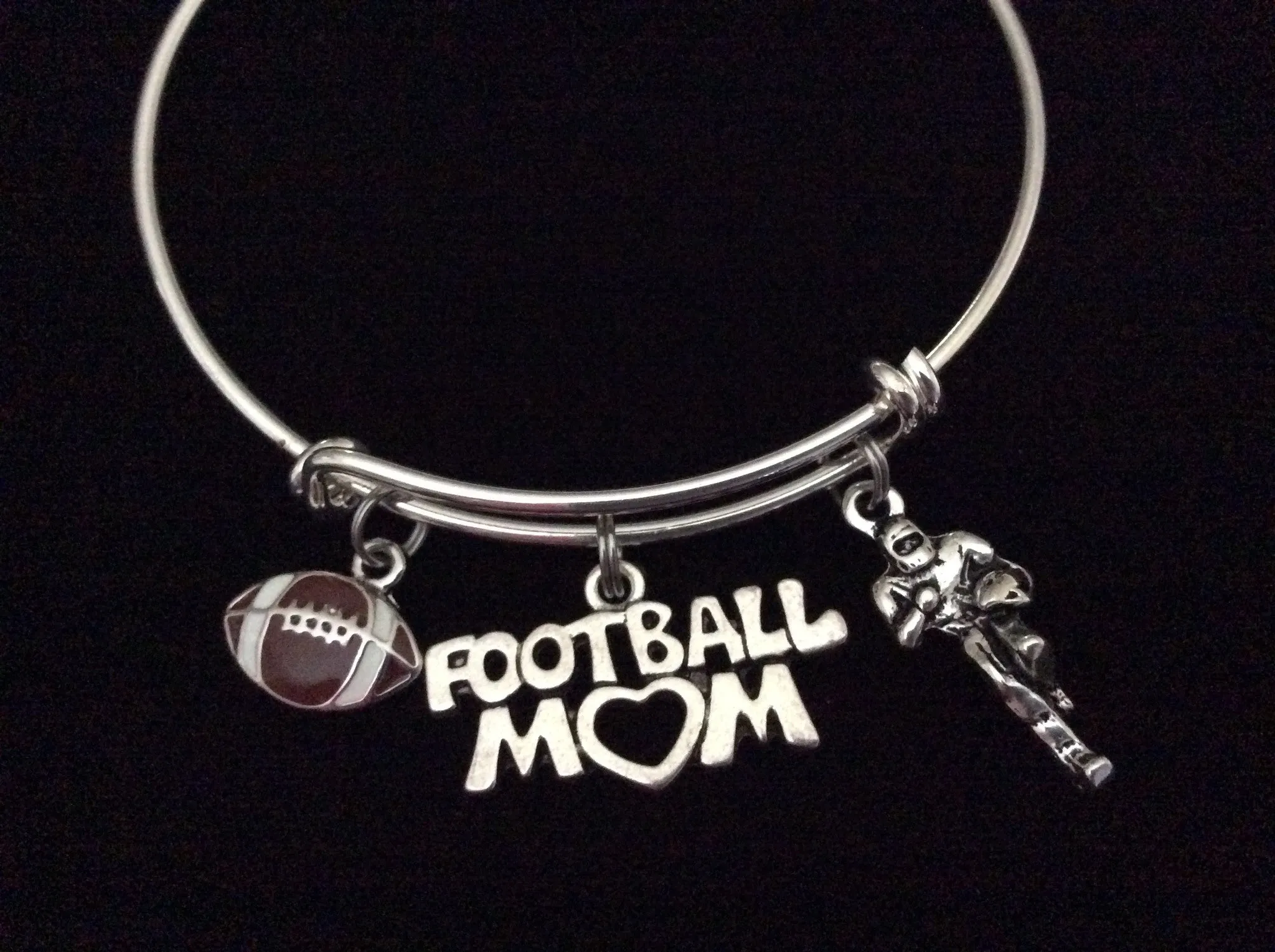 Football Mom Expandable Silver Charm Bracelet Adjustable Wire Bangle Handmade Gift Trendy Sports Team