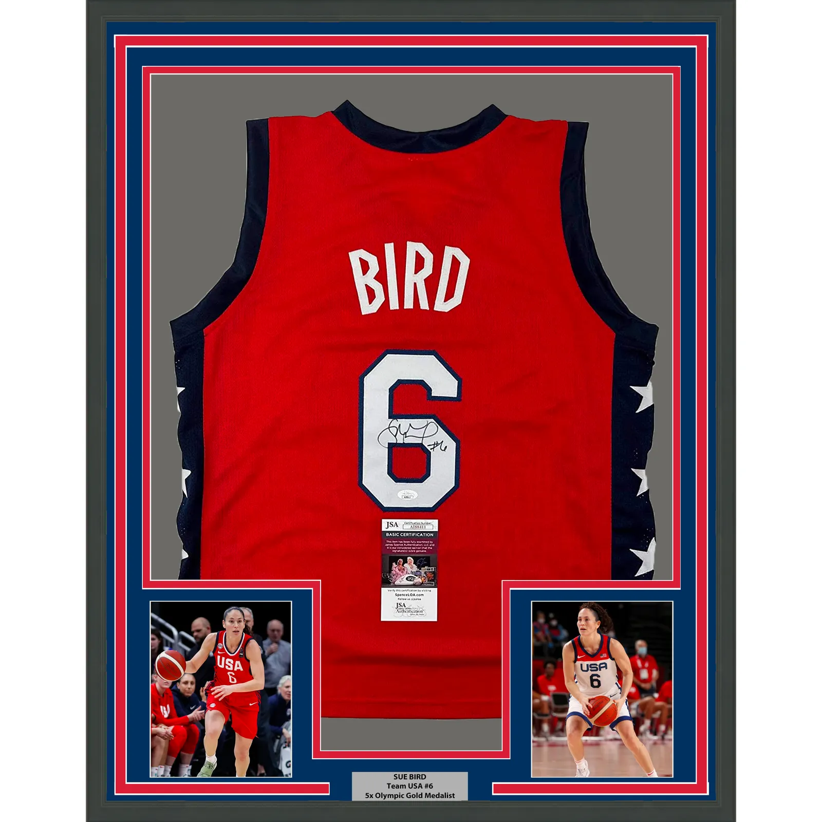 Framed Autographed/Signed Sue Bird 33x42 USA Olympics Red Basketball Jersey JSA