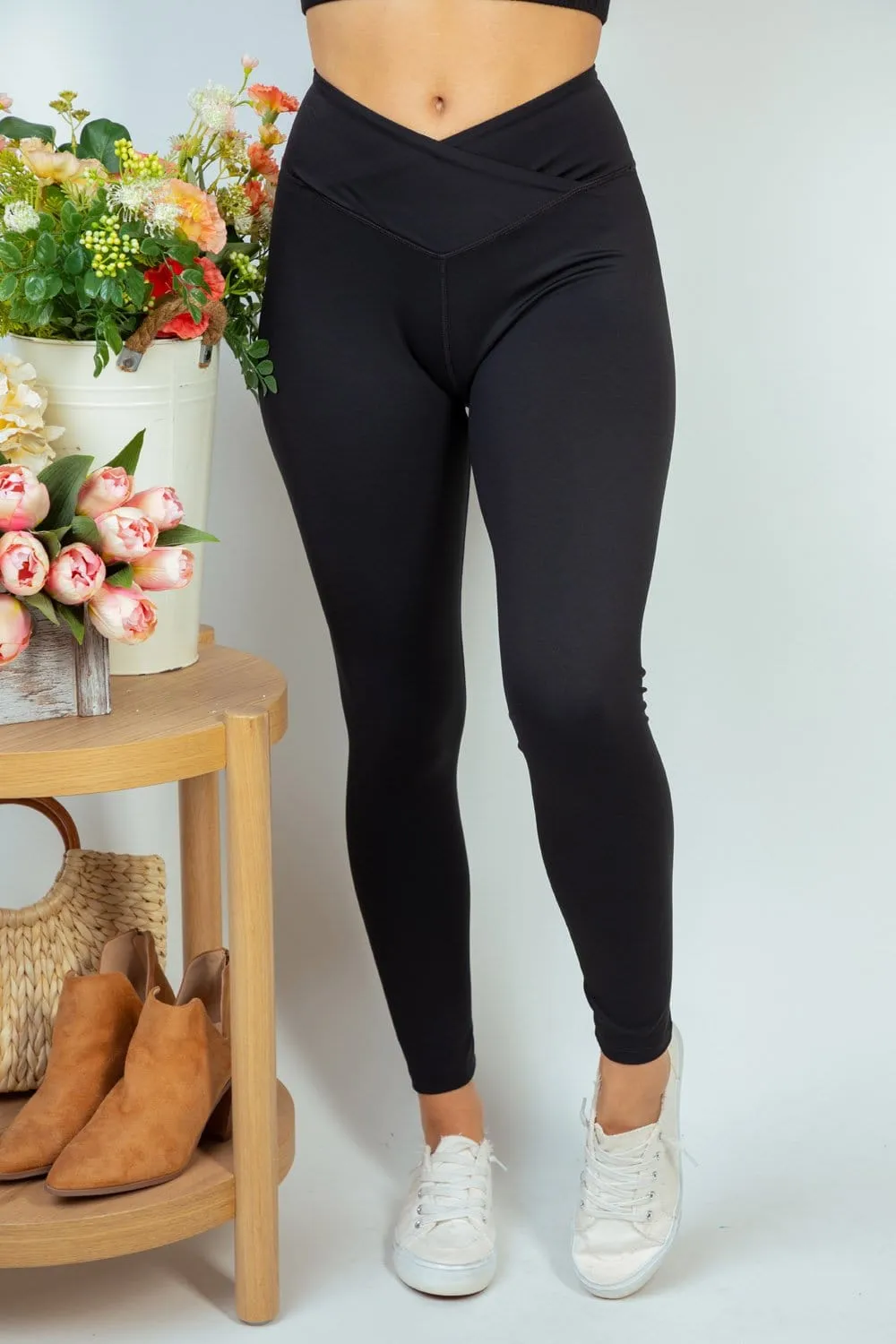 Full Length Crossover Front High Rise Leggings in Black