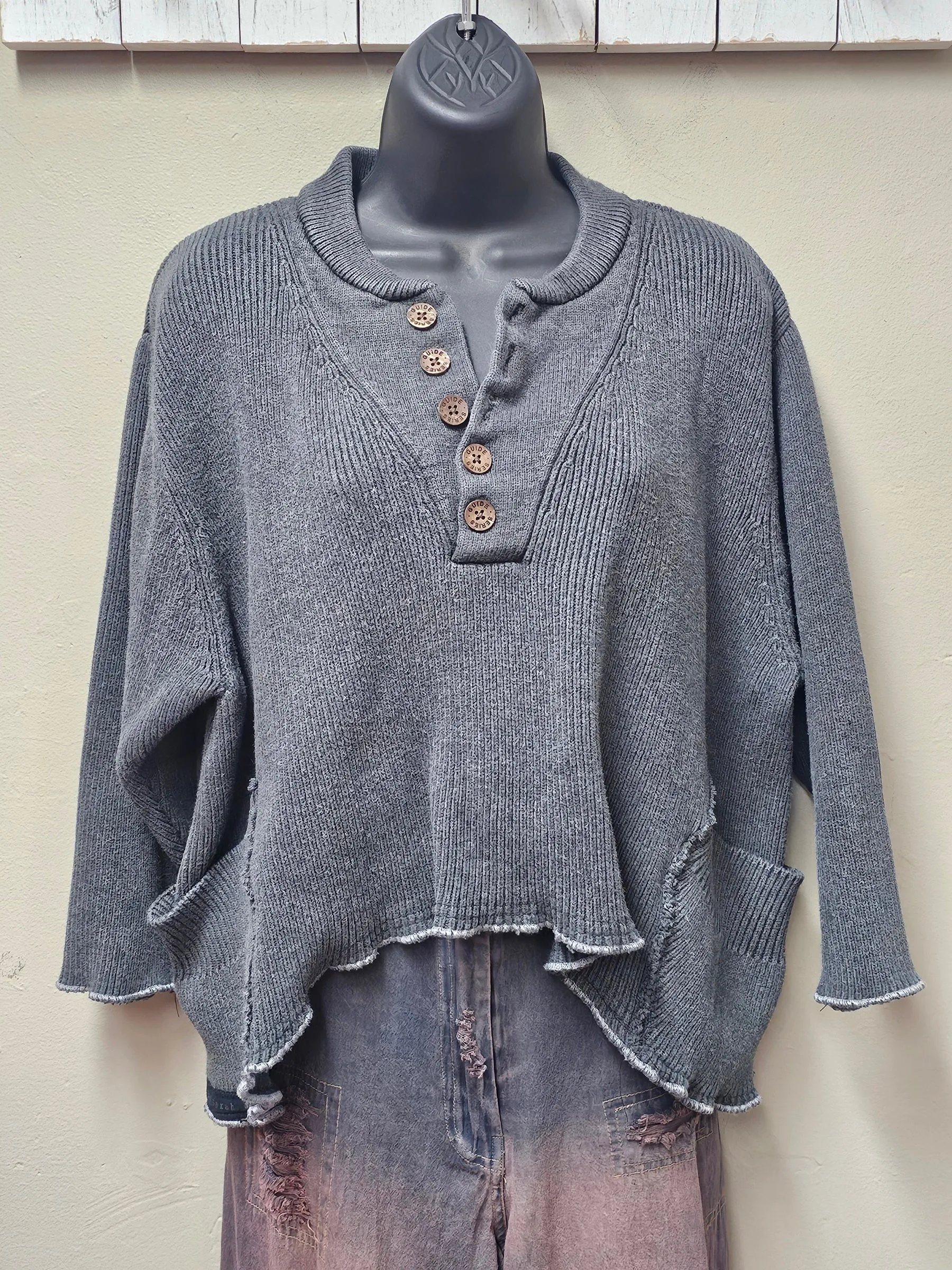 Hi-Low Charcoal Button Top Sweater by Seams by Sarah