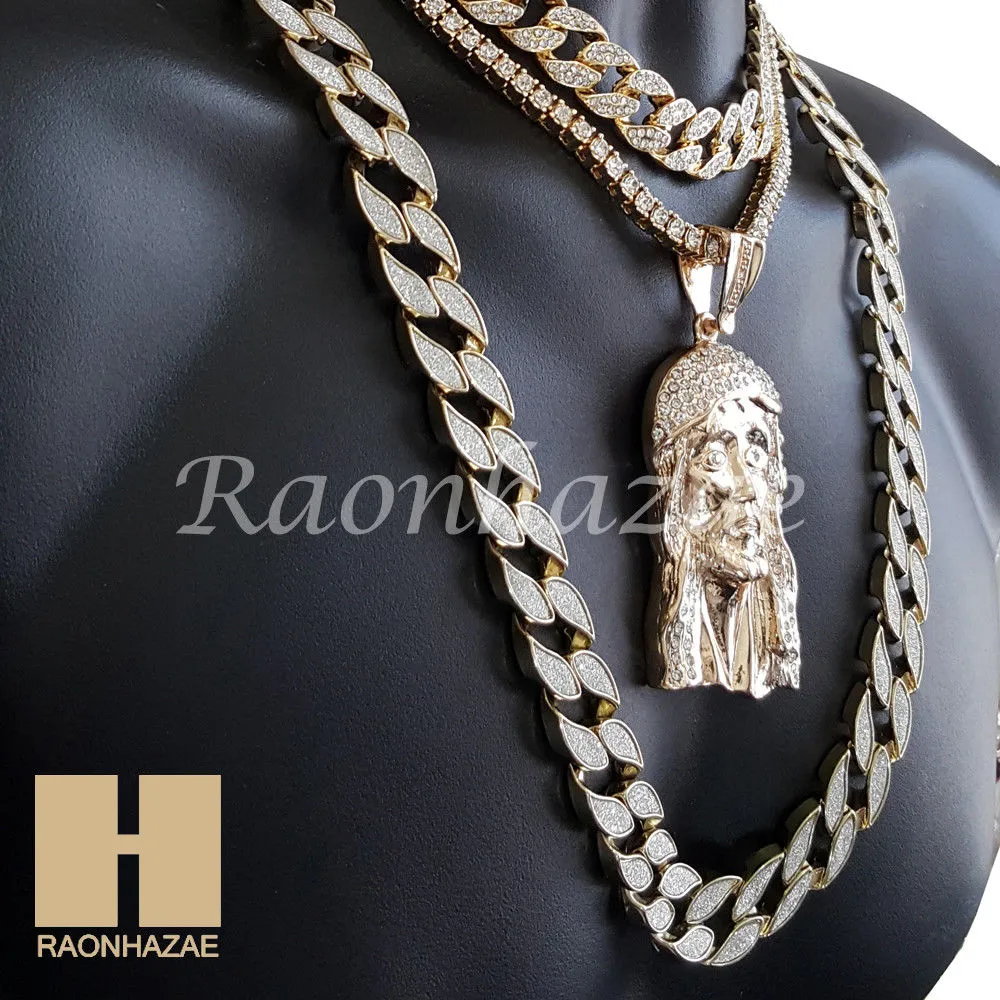 Hip Hop Jesus Pendant 16" Choker 18" Tennis 30" Miami Cuban Chain 26