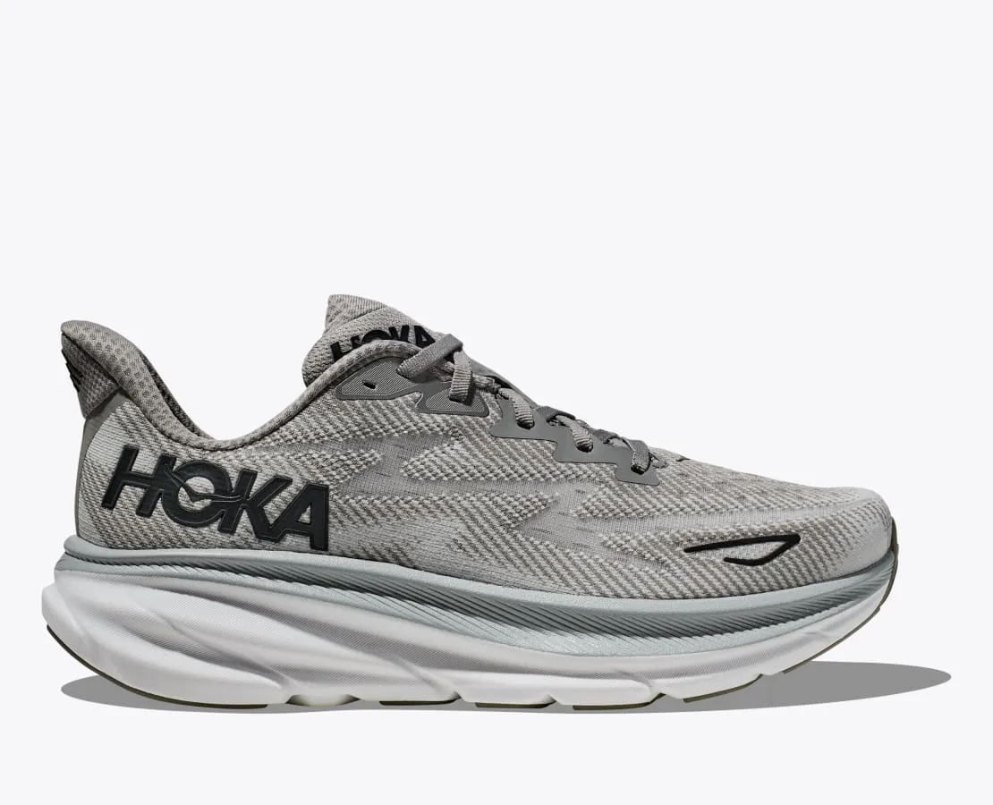 Hoka Men's Clifton 9 Max Running Shoe in Milk/Barley, Black & Grey Available in Wide Widths