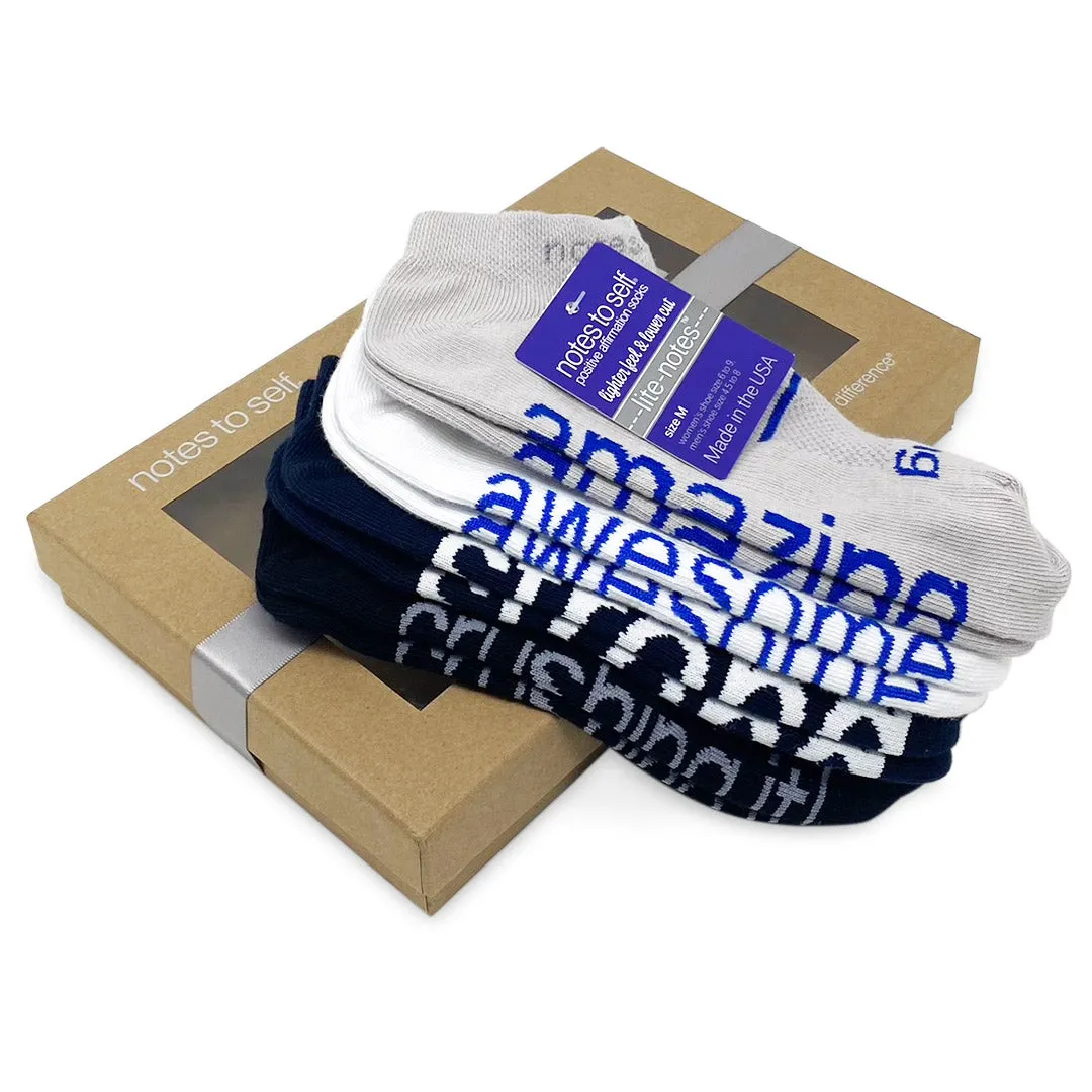 LITE-NOTES socks 4 pairs in gift box: awesome, amazing, strong, crushing it