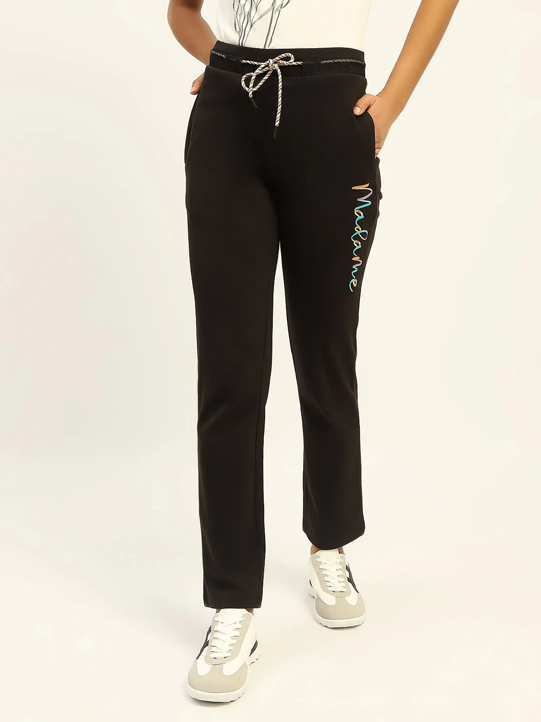 Madame Typography Print Solid Black Cotton Track Bottom