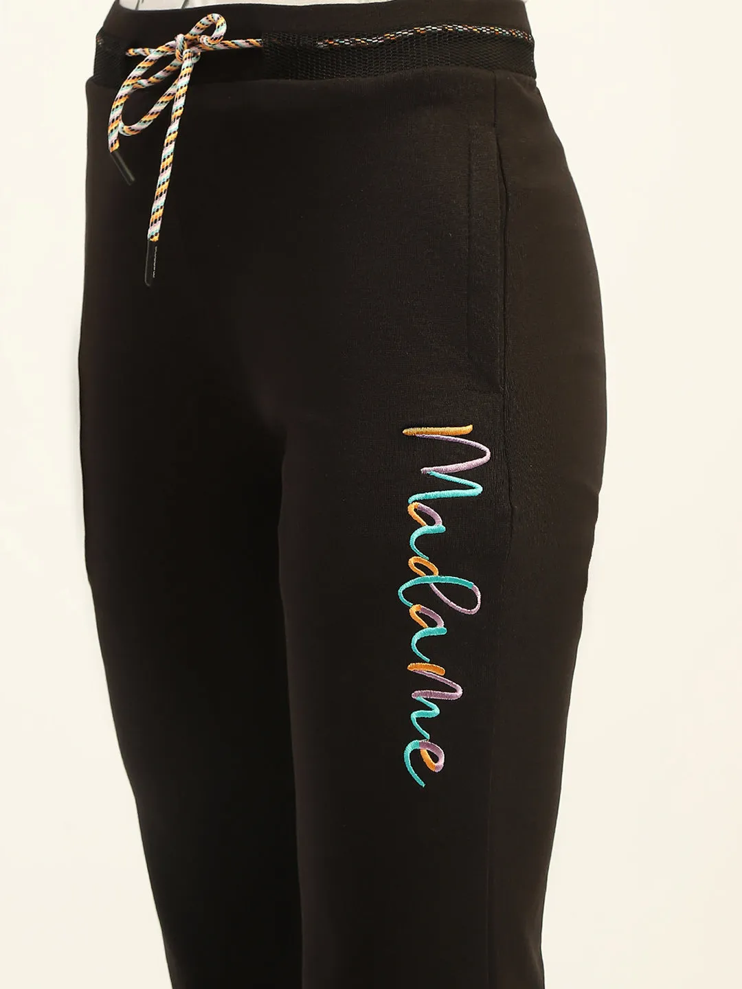 Madame Typography Print Solid Black Cotton Track Bottom