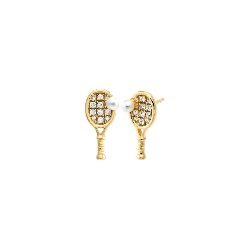 Mini Pearl Accented Tennis Racket Stud Earring