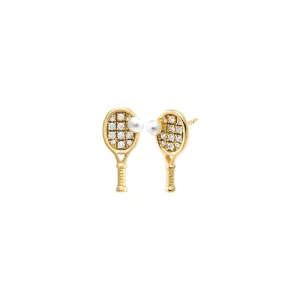 Mini Pearl Accented Tennis Racket Stud Earring