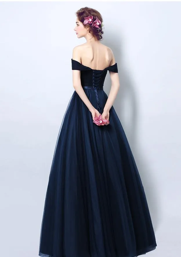Navy Blue Off Shoulder Sweetheart A-line Bridesmaid Dress, Blue Prom Dress Party Dress