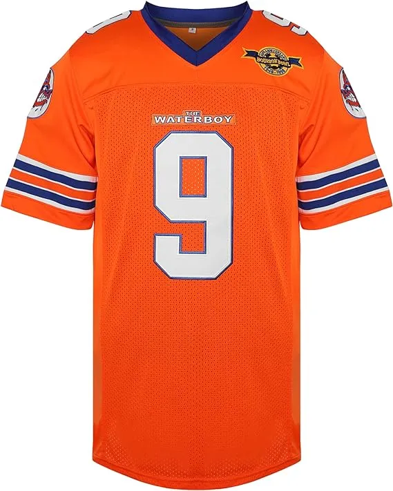 NEW MESOSPERO Bobby Boucher Football Jersey 9 The Waterboy Adam Sandler Mud Dogs Bourbon Bowl Movie Jersey White Orange, Sz XL