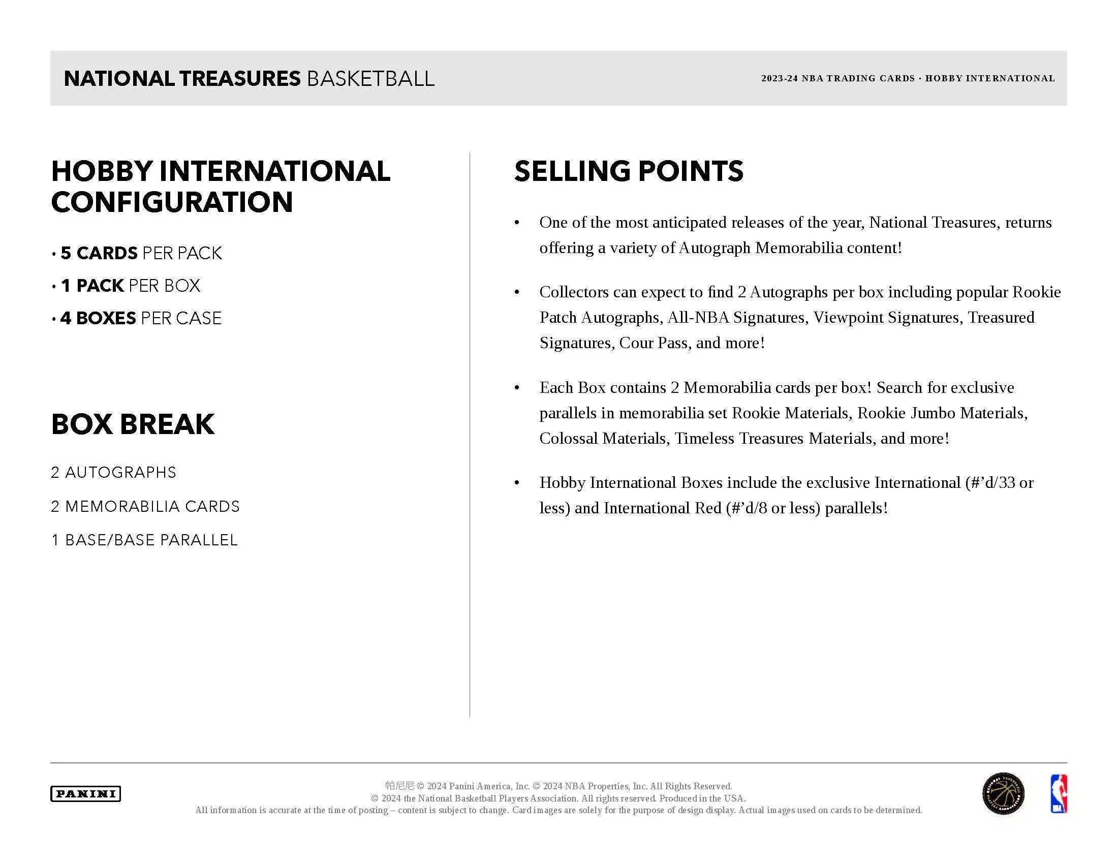 Panini National Treasures NBA Basketball 2023/24 - International Hobby Box