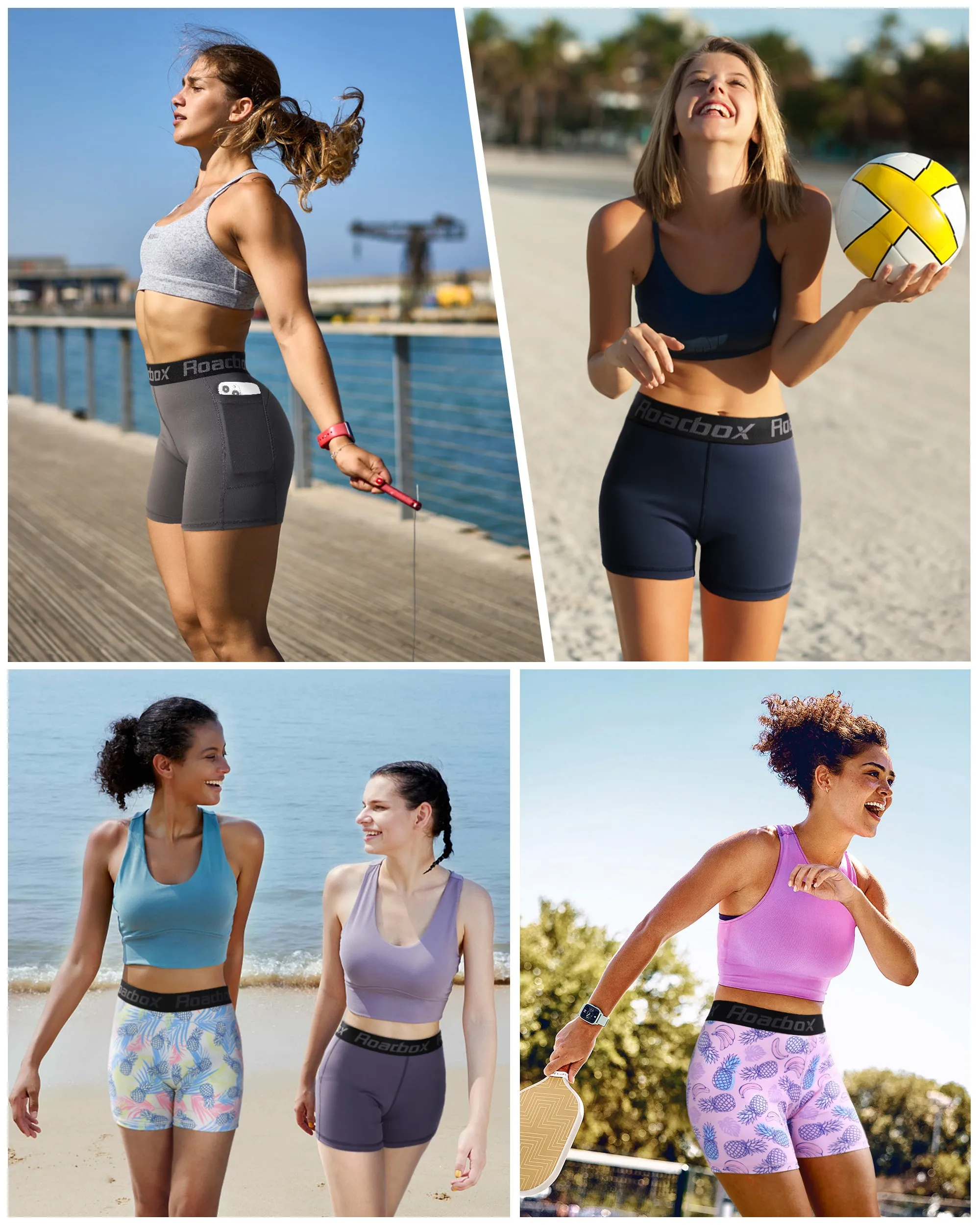 Roadbox Women's 5 inch Yoga Shorts with Pockets - UPF 30  Sun UV Protection Workout Gym Spandex Compression Shorts for Volleyball