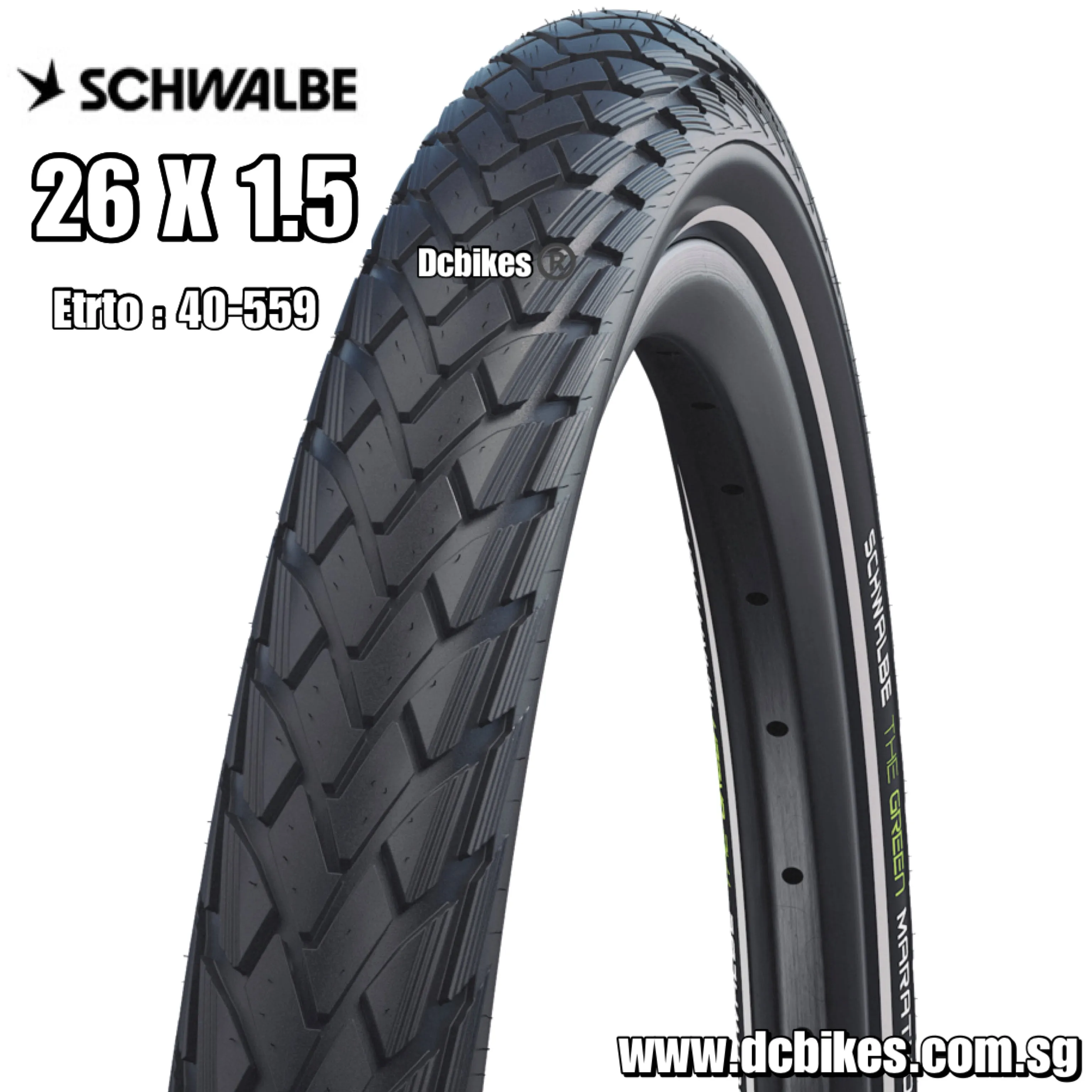 Schwalbe 26 X 1.5 Marathon Performance | Addix Eco | The Green Guard - Ebike Bicycle Black Reflective Wired Bead Tyre (1 Tire)