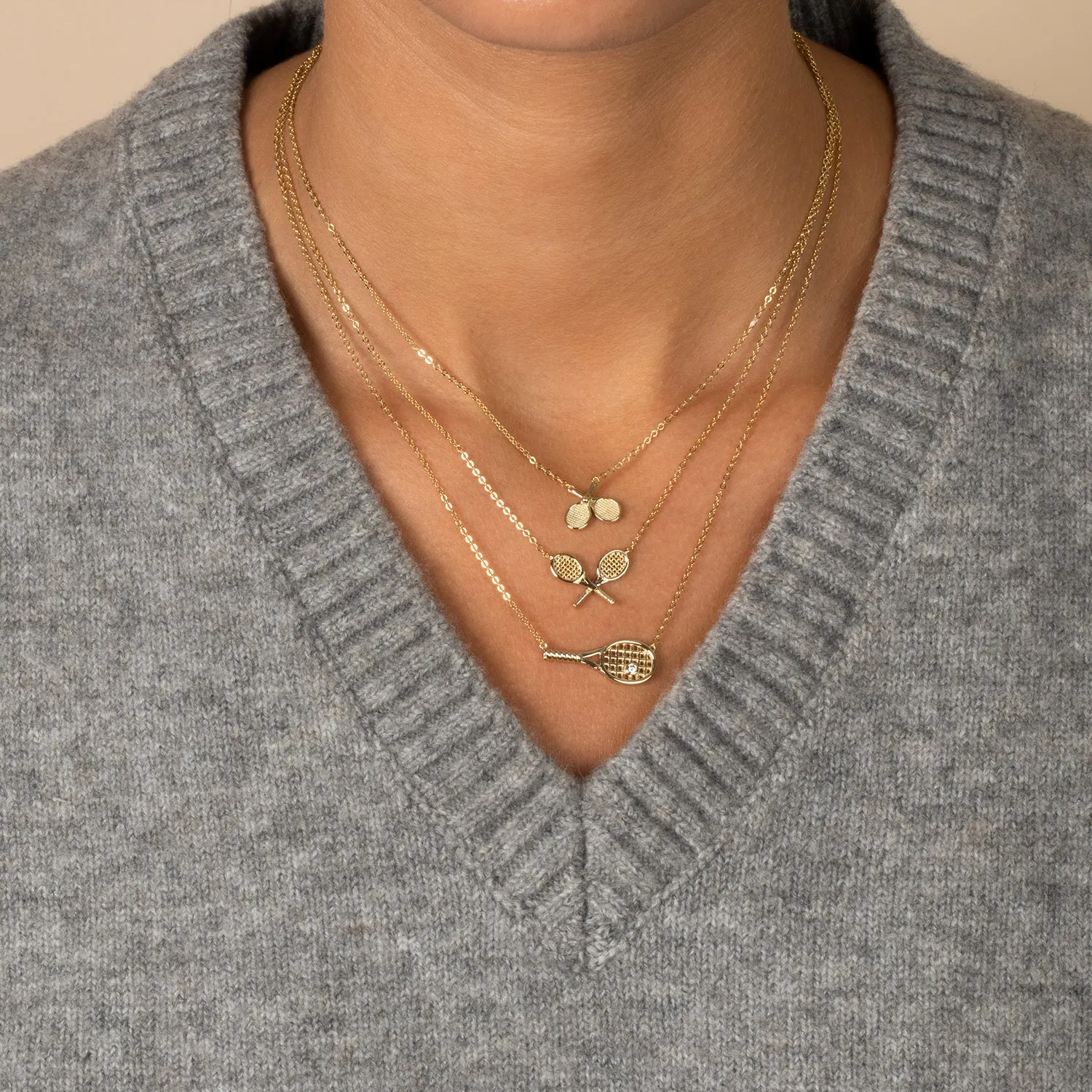 Solid Double Tennis Racket Pendant Necklace