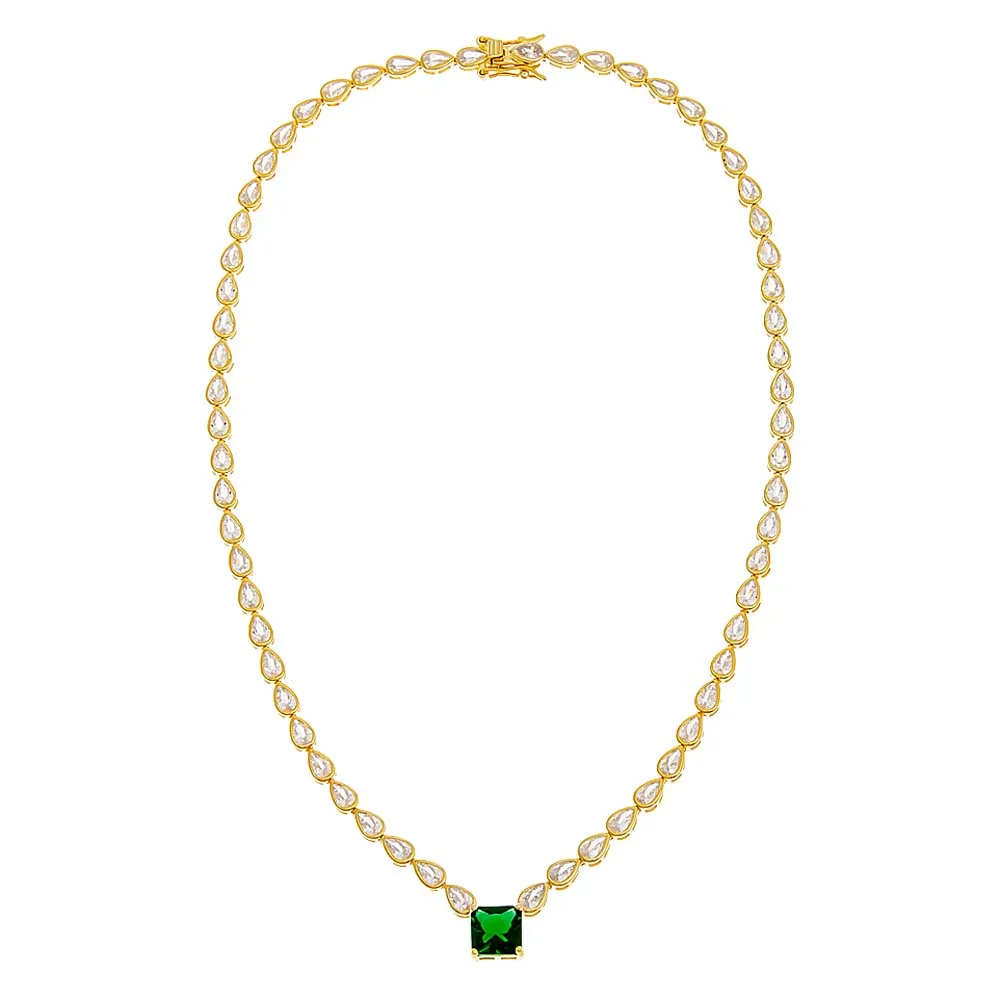Square Emerald X Teardrop Bezel Tennis Necklace