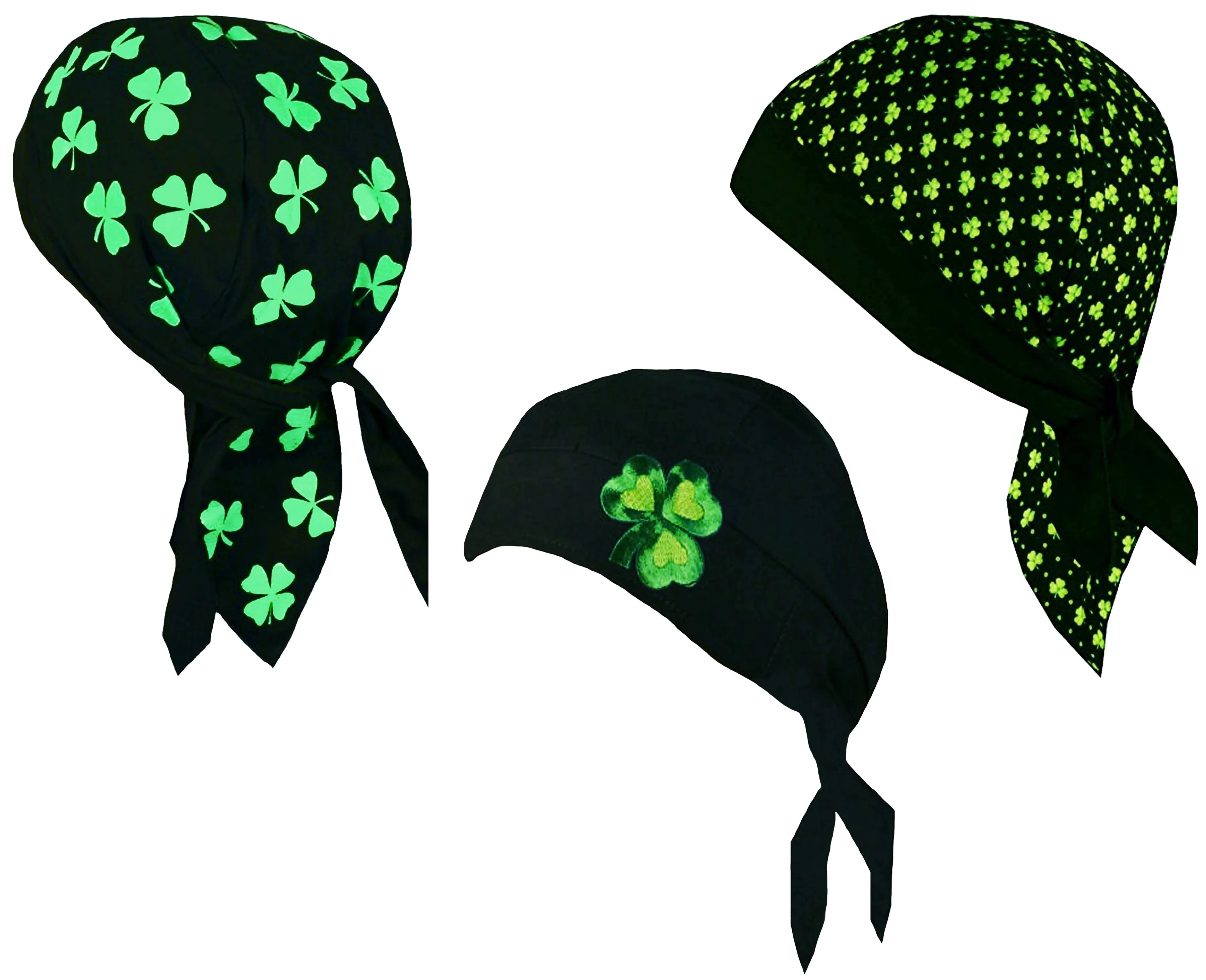 St. Patrick's Day Shamrock Clover Bandana Black Do Rag Bikers Headwrap Cap, Motorcycle Cycling Helmet Liner Beanie Hat