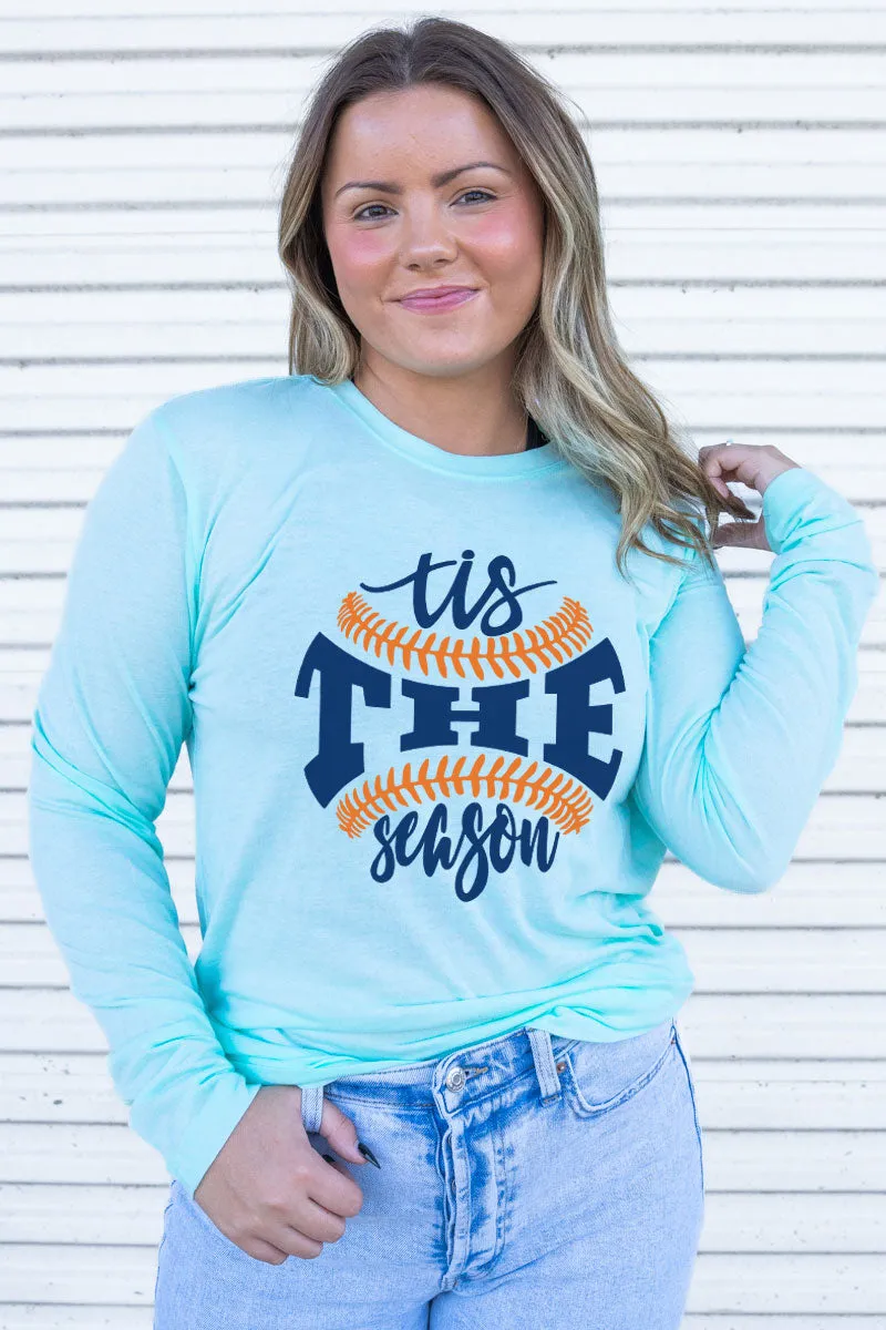Tis The Season Baseball Blue and Orange Adult Soft-Tek Blend Long Sleeve Tee